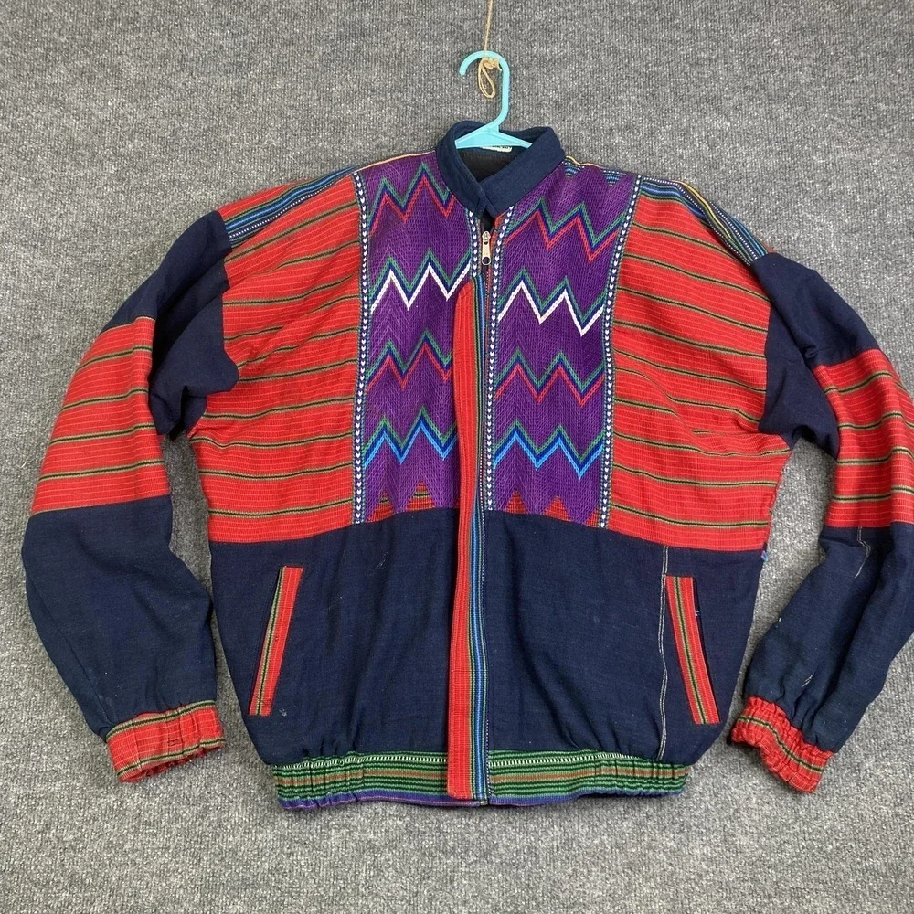 VTG Handmade Guatemalan Jacket Mens XL Multicolor Woven Boho Tribal Bomber Zip